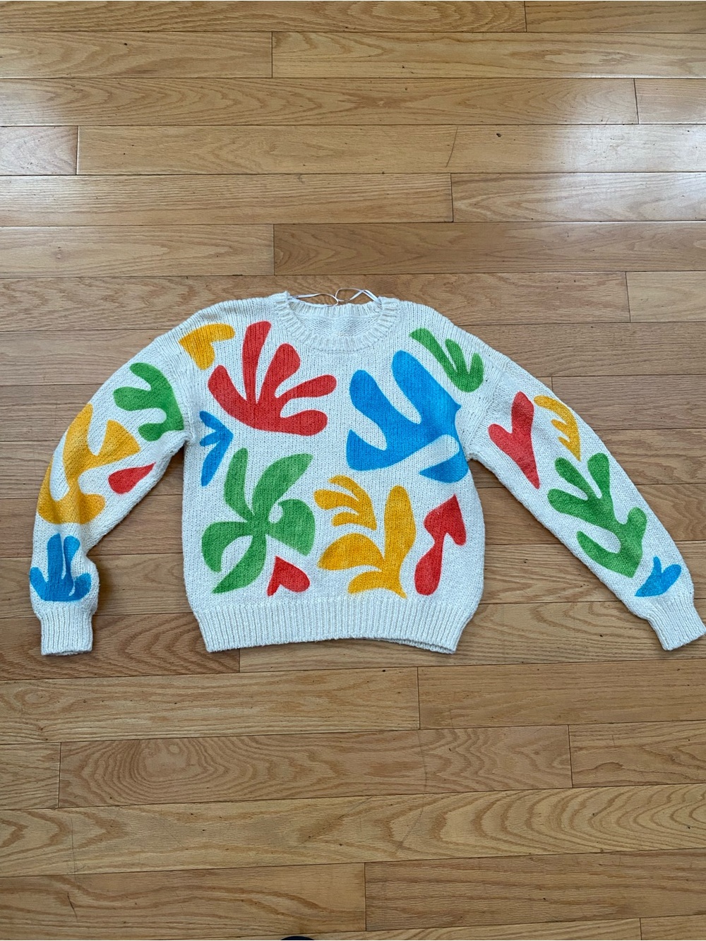 MOTHER White Crewneck Sweater with Multicolor Abstract Motifs